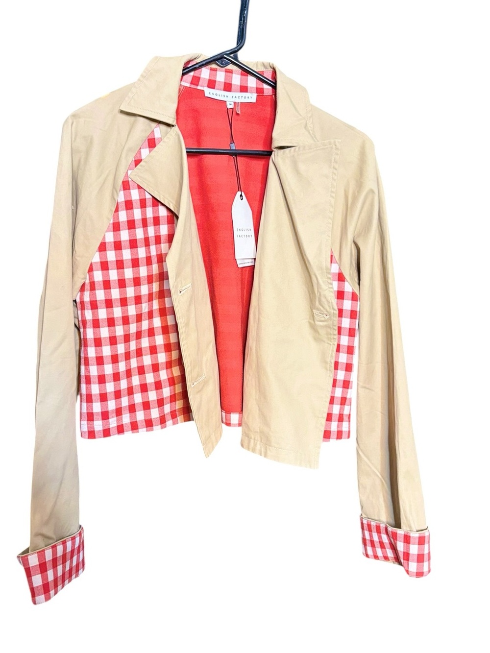 English Factory Beige Cropped Trench with Red Gingham Trim sz M - Picture 12 of 16